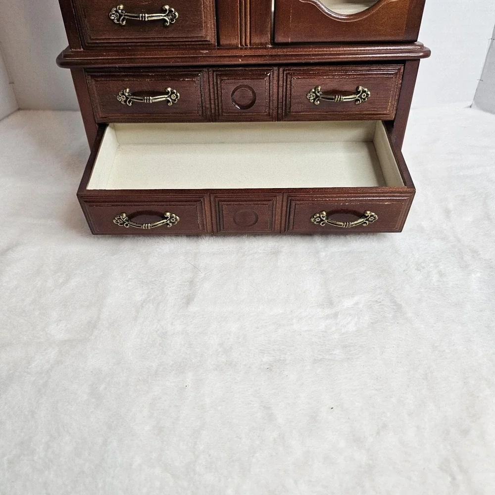 Vintage Jewelry Box Armoire Floral Glass Door 7 Drawers 12x16x5.25